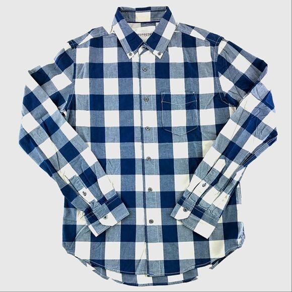 Aeropostle Men's Navy Cotton Buffalo Check Button-Down Long-Sleeve Shirt - Picture 1 of 14